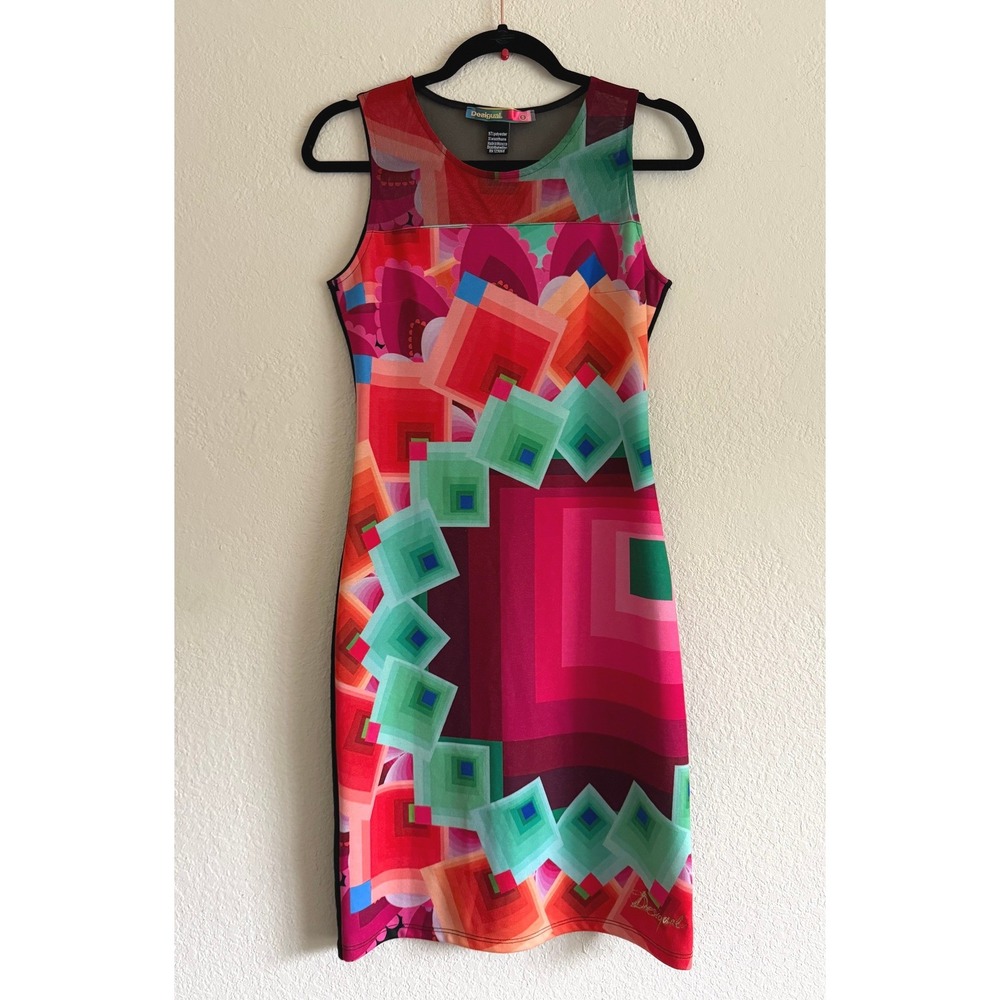 Desigual Womens Sleeveless Geometric Kaleidoscope Mesh Yoke Dress Size S Art